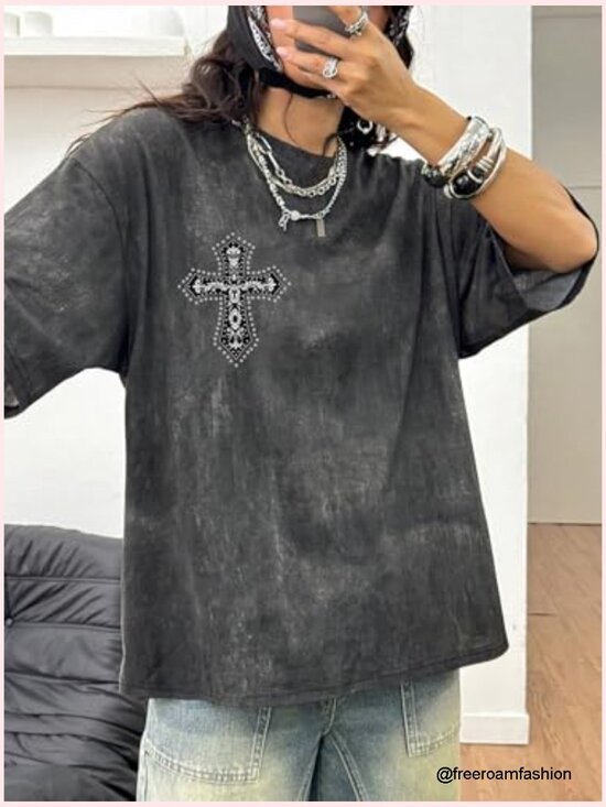 Oversized Y2K Gothic Rhinestone Graphic Tee Half Sleeve Vintage Streetwear - Picture 3 of 4